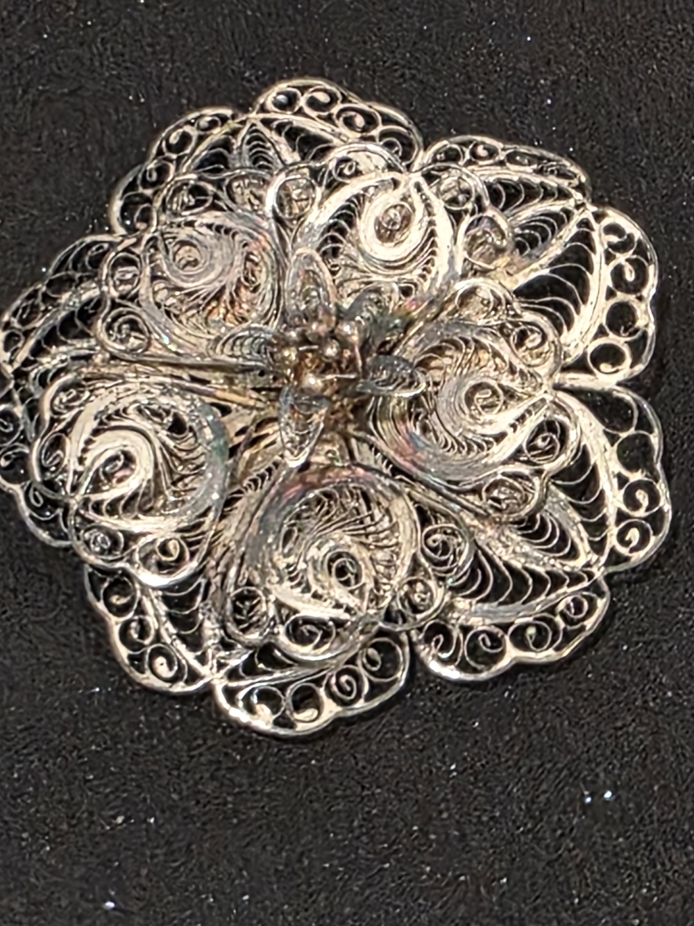 Vintage Sterling Silver 925-Hencho En Mexico Marked Filigree Flower Brooch